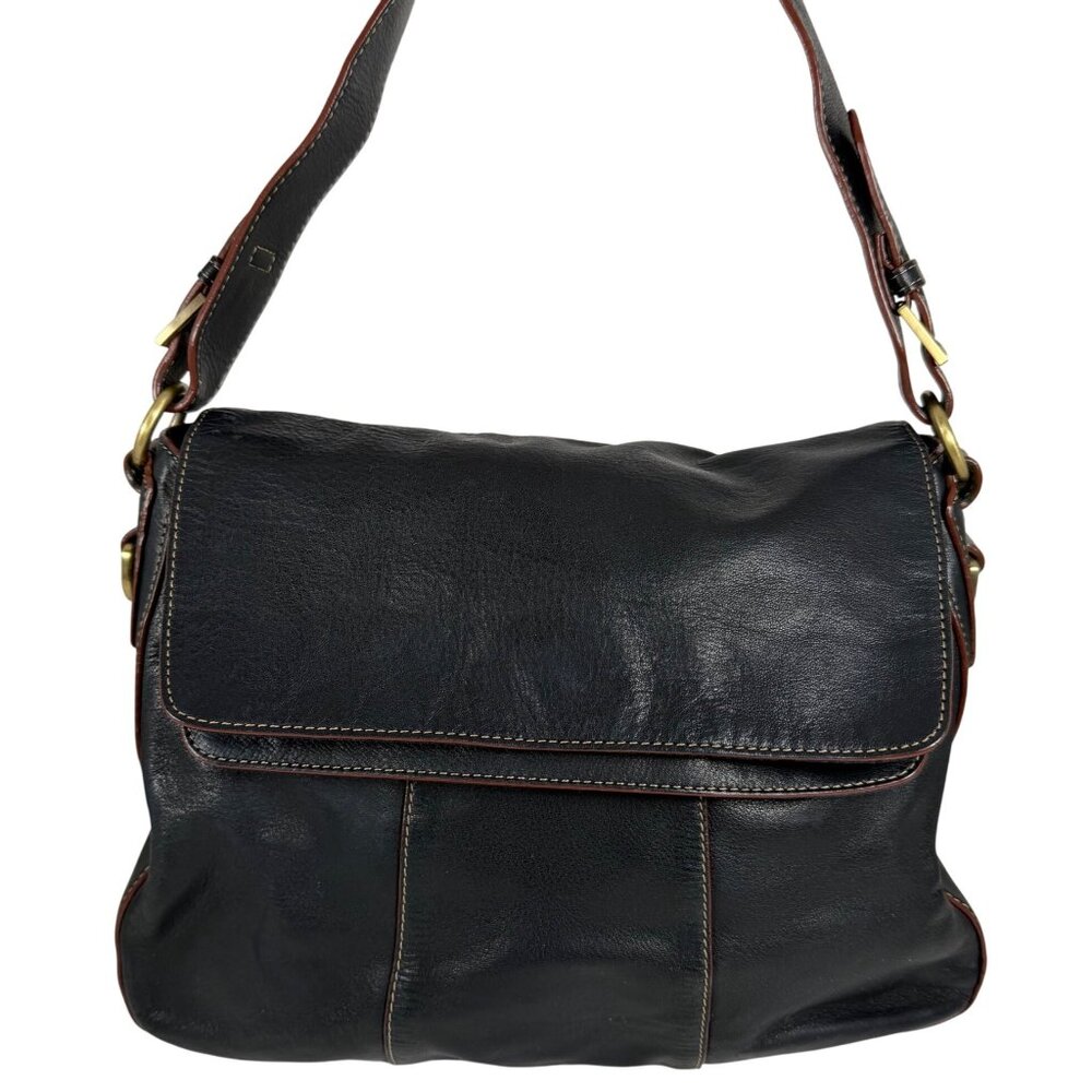 VTG ETIENNE AIGNER Black Leather Double Flap Fold Top Buckle Straps Shoulder Bag